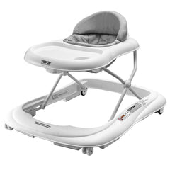 White Bostome foldable baby walker with 3-level adjustable height, gray seat, and wheels.