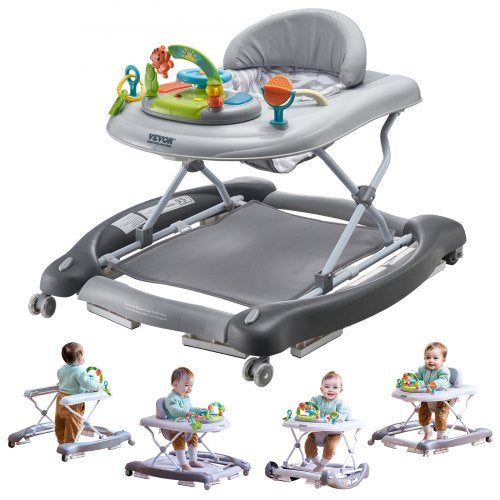 Foldable baby walker with interactive toys, high-back seat, and adjustable height for infants.