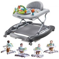 Foldable baby walker with interactive toys, high-back seat, and adjustable height for infants.