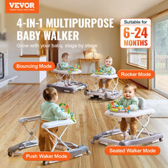 Foldable baby walker with a high-back seat, interactive toys, and adjustable height settings.