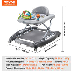 A foldable baby walker with a high-back seat, interactive toys, and adjustable height settings.