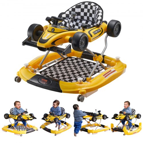 Yellow 4-in-1 foldable baby walker with race car design, adjustable height, and activity features for infants 6-24 months.