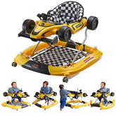 Yellow 4-in-1 foldable baby walker with race car design, adjustable height, and activity features for infants 6-24 months.