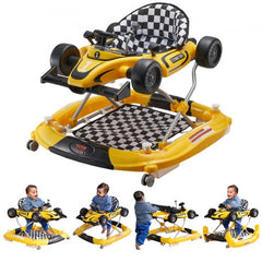 Yellow 4-in-1 foldable baby walker with race car design, adjustable height, and activity features for infants 6-24 months.
