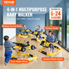 Yellow 4-in-1 foldable baby walker in push, seated, rocker, and toy car modes for 6-24 months.
