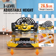 Yellow 4-in-1 foldable baby walker with adjustable height, checkered seat, and activity features.