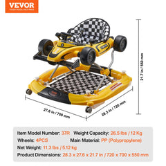 Yellow Bostome 4-in-1 foldable baby walker with checkered seat, four wheels, and adjustable height.