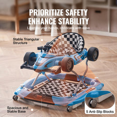 Blue foldable baby walker with adjustable height, triangular structure, wheels, and anti-slip blocks.