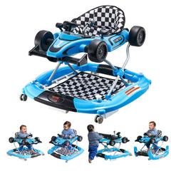 Blue 4-in-1 foldable baby walker with adjustable height, checkered seat, steering wheel, and wheels.