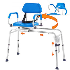 Bostome Sliding Tub Transfer Bench with 360° swivel seat and padded waterproof backrest.