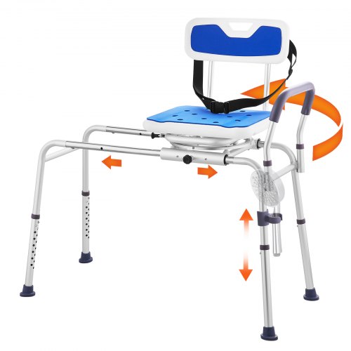 Sliding tub transfer bench with 360° swivel seat, blue cushioned seat, adjustable height, and 400 lbs capacity.