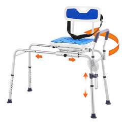 Sliding tub transfer bench with 360-degree swivel seat, blue cushioned seat, adjustable height, and 400 lbs capacity.