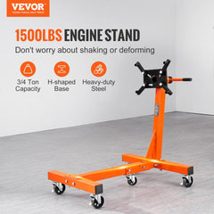 Orange 1500 lbs rotating engine stand with cast iron construction, 360-degree adjustable head, H-shaped base, and lockable casters.