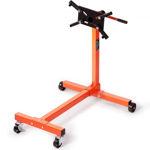 Orange 750 lbs rotating engine stand with cast iron frame, 360° adjustable head, and four casters.