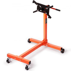 Orange 750 lbs rotating engine stand with cast iron frame, 360° adjustable head, and four casters.