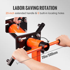 Rotating engine stand with 20-inch handle, orange U-bolts, and black frame.