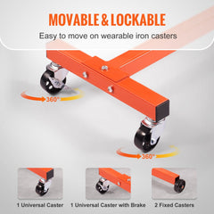 Orange cast iron engine stand with 360-degree rotating head and four iron casters, two lockable.