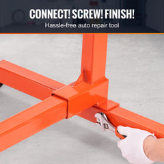 Orange rotating engine stand with adjustable head and mounting arms on casters.