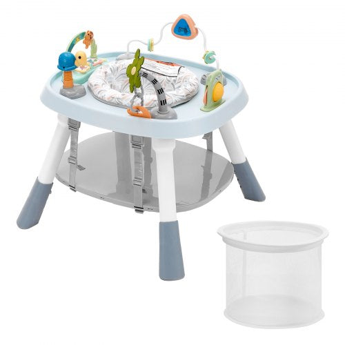 Interactive baby activity center with detachable toys, music, and a rotating seat.