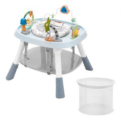 Interactive baby activity center with detachable toys, music, and a rotating seat.