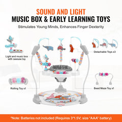 Bostome Baby Jumper Activity Center with 360° rotation, music, lights, and five soft toys.