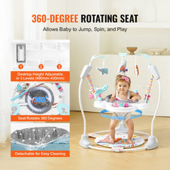 Bostome Baby Jumper Activity Center with 360° rotation, music, lights, and five soft toys.