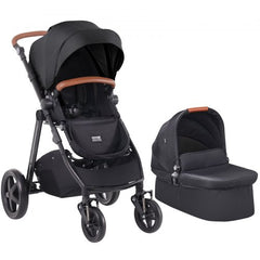Black 2-in-1 stroller travel system with bassinet, adjustable canopy, and 5-point harness.