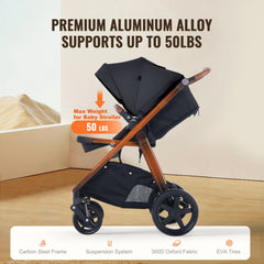 Black 2-in-1 stroller travel system with bassinet, reversible seat, and adjustable canopy.
