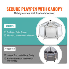 Portable foldable baby playpen with canopy, 59.8x59.8 inches, in gray.