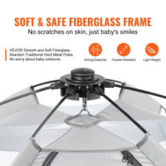 A portable foldable baby playpen with soft fiberglass frame, canopy, and mesh sides, measuring 59.8x59.8 inches.