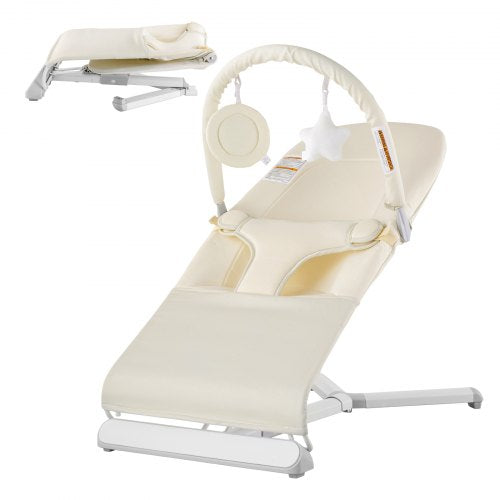 Beige folding baby bouncer seat with a toy bar, designed for infants up to 9 months.