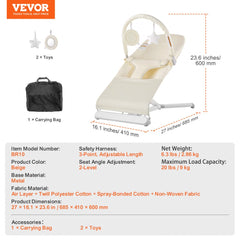 Beige folding baby bouncer seat with a toy bar, designed for infants up to 9 months.