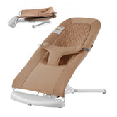 Camel Bostome folding baby bouncer seat with two reclining angles and harness.