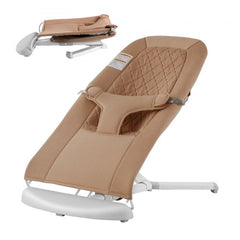 Camel Bostome folding baby bouncer seat with two reclining angles and harness.