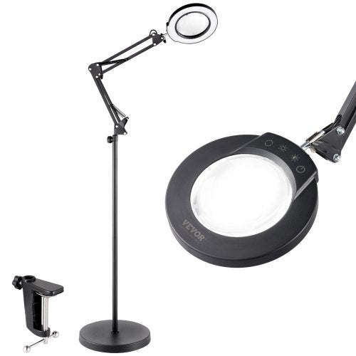 Bostome 5X LED floor magnifying lamp with light, 5 color modes, flexible arm, and stand.