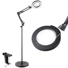 Bostome 5X LED floor magnifying lamp with light, 5 color modes, flexible arm, and stand.