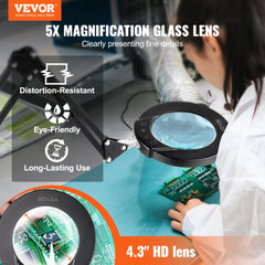 Bostome 5X LED floor magnifying glass with light and 5 color modes, featuring a 4.3-inch HD lens on an adjustable arm.