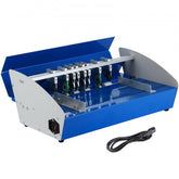 Blue and silver electric paper creasing machine with multiple rollers and a power cord.