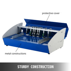 Blue 18-inch electric paper creasing machine with metal construction and protective cover.