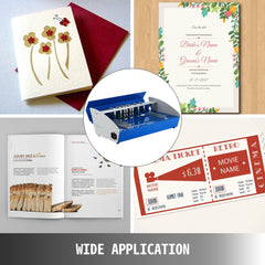 Blue and white electric paper creasing machine with metal frame and adjustable settings.