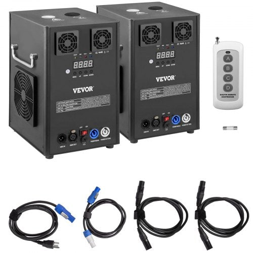 Two black Bostome 700W cold spark machines with remote and four connection cables.