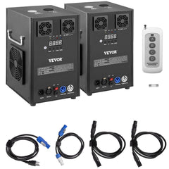 Two black Bostome 700W cold spark machines with fans, displays, and DMX ports, plus cables and remote.