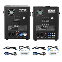Two black Bostome 500W cold spark machines with digital displays, fans, ports, and included blue cables and remotes.