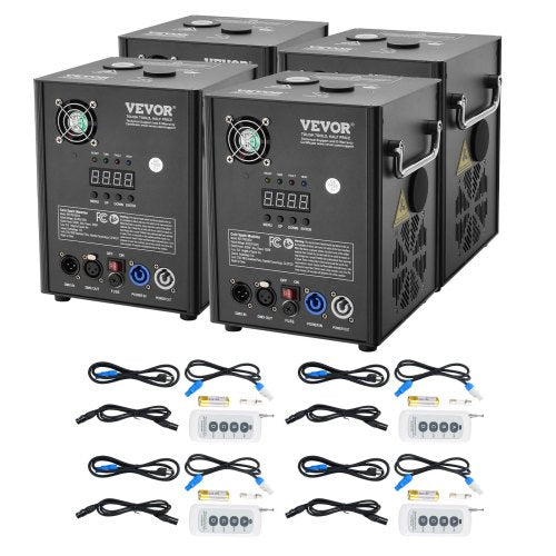 Four black VEVOR 500W cold spark machines with adjustable heights, remotes, and cables.