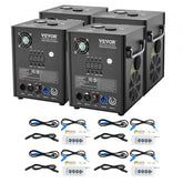 Four black VEVOR 500W cold spark machines with adjustable heights, remotes, and cables.
