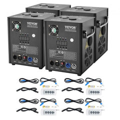 Four black VEVOR 500W cold spark machines with adjustable heights, remotes, and cables.