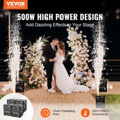 Four Bostome 500W cold spark machines with adjustable 6.6-13ft height, shown in a wedding scene with sparks.