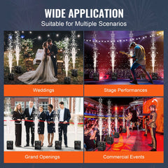 Four Bostome cold spark machines shown in use at weddings, stage performances, grand openings, and commercial events.