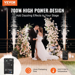 Bostome 700W cold spark firework machine with adjustable height from 6.6 to 16.4 feet, shown in use at a wedding.