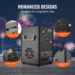 Black portable cold spark machine with LCD display, fan, handle, and adjustable height settings.